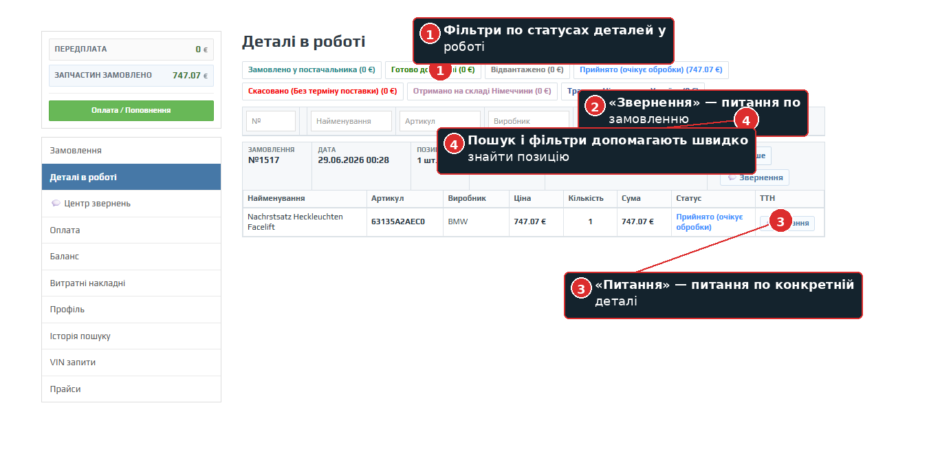Звернення з розділу Деталі в роботі
